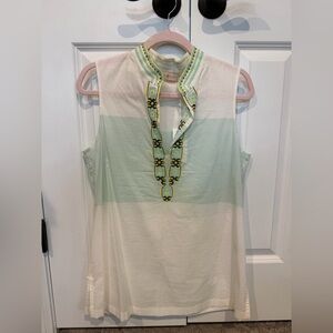 Tory Burch White and Mint Embroidered Top